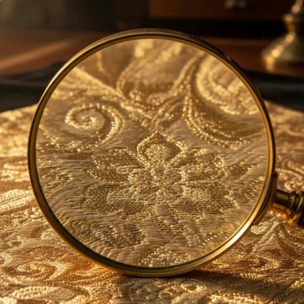 Magnifying glass over pure zari brocade