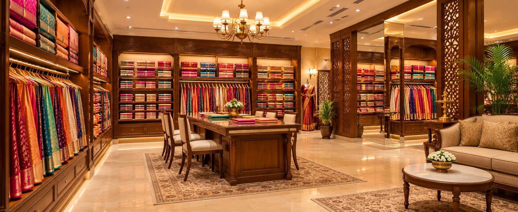 Inside a Snehalayaa Silks boutique, with sarees lining the walls