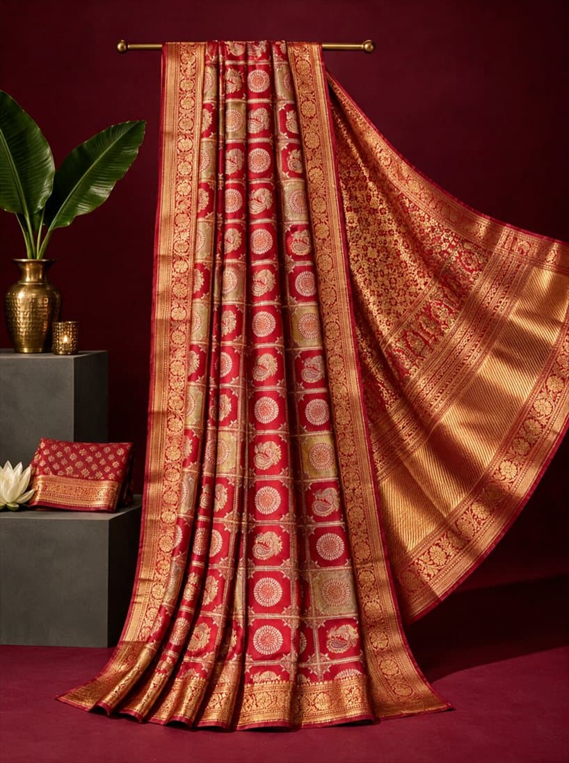 Red and gold Kanjivaram silk saree on a stand