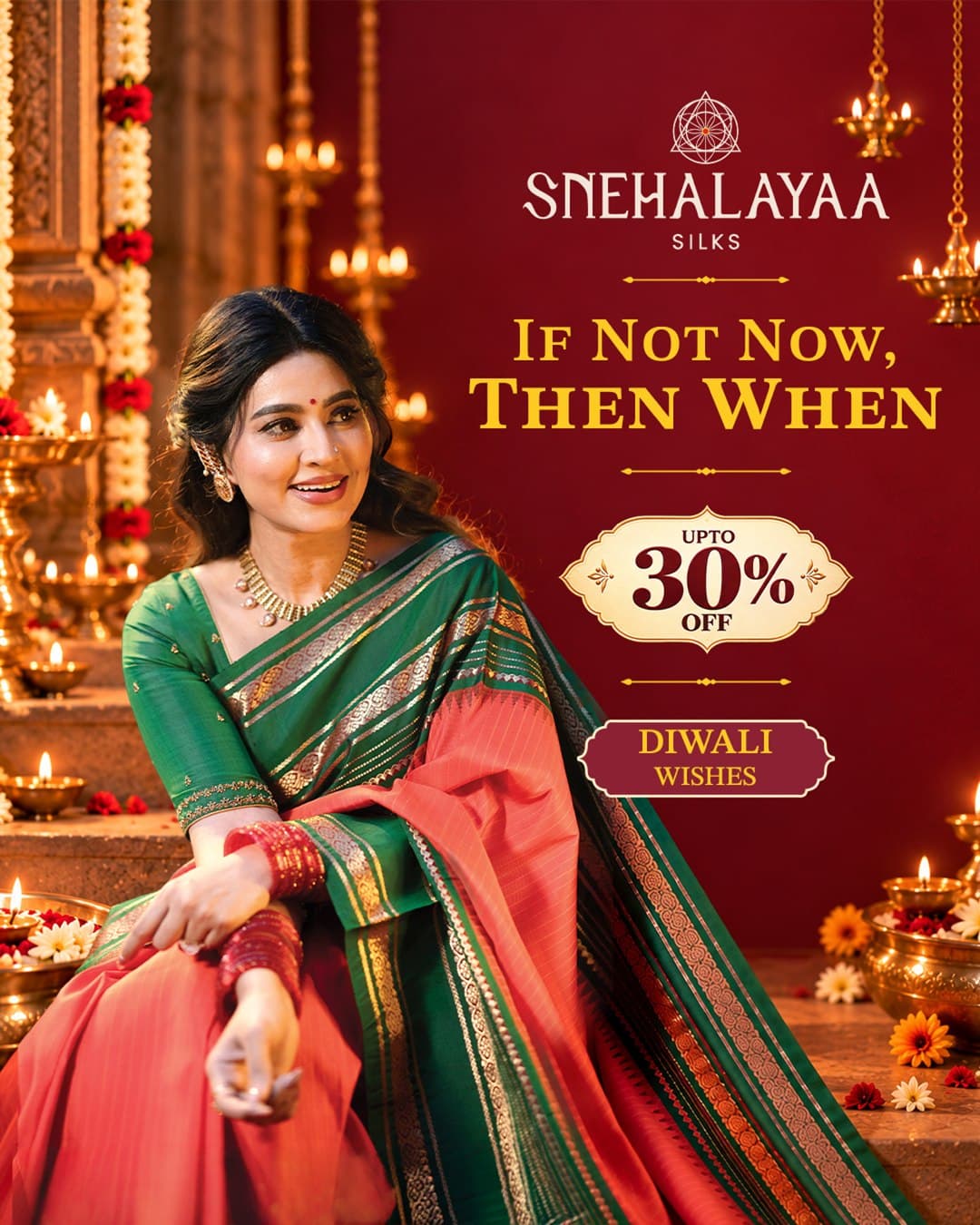 Diwali sale: if not now, then when? Up to 30% off. Diwali wishes from Snehalayaa Silks